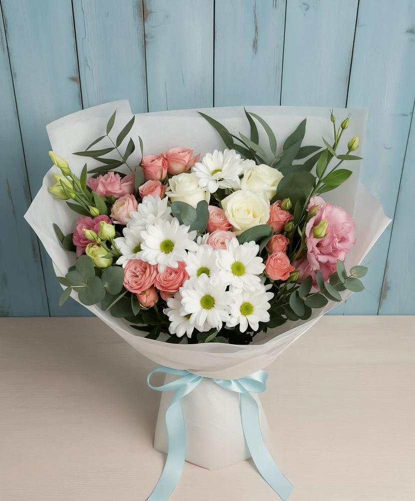 Букет цветов из: Розы, Лизиантусы и Хризантемы в Боровёнка