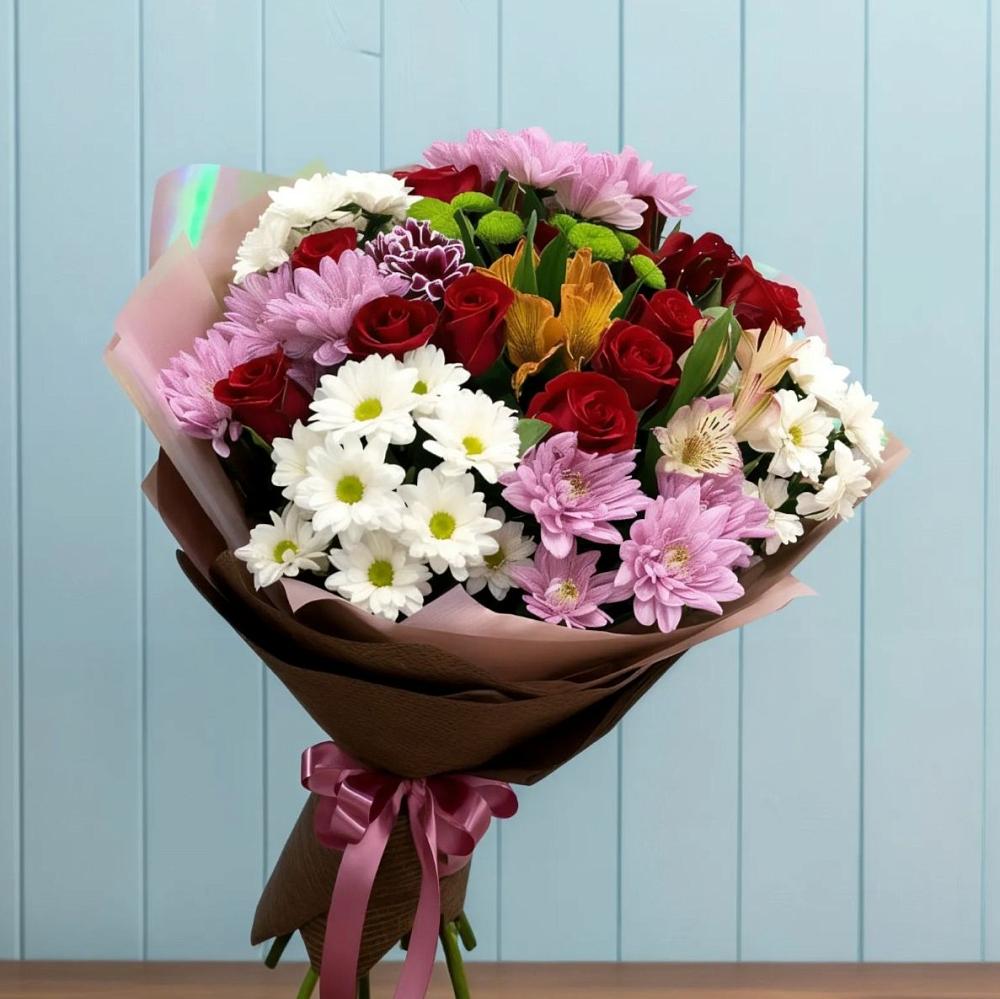 Букет цветов из: Розы, Хризантемы и Альстромерии в Боровёнка