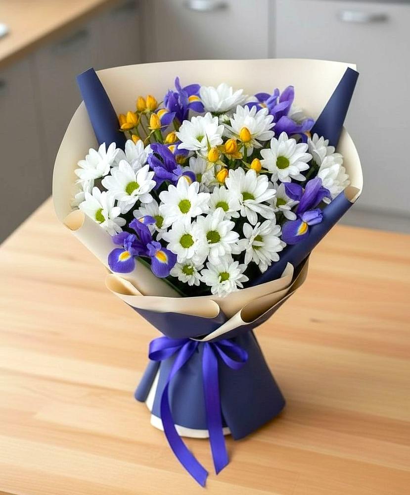 Букет цветов из: Розы, Ирисы и Хризантемы в Боровёнка